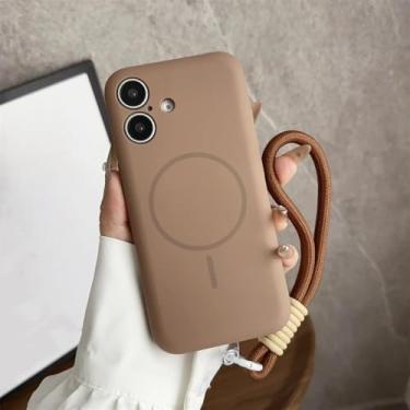 Imagem de Capa de silicone líquido macia da moda para iPhone 13, 12, 14, 15, 16 Pro Max, 16 Plus, cor sólida, alça de pulso, capa de telefone, marrom, para iPhone 13