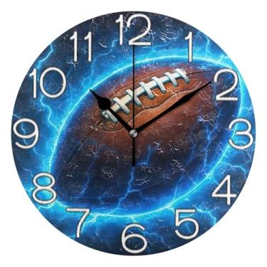 Imagem de GAIGEO Relógio de parede analógico decorativo relógio de cozinha rústico redondo sem tique-taque silencioso, arte de parede boho decoração de casa desenho animado marrom bola de rugby azul, 25 cm