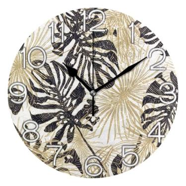 Imagem de Relógio de parede analógico de folha de palmeira tropical dourado preto decorativo para sala de aula, escritório, silencioso, decoração de parede vintage, sala de estar, 25 cm, ponteiros dourados