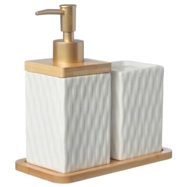 Imagem de Kit Lavabo Banheiro Bambu Dispenser Líquido Porta Escova Bandeja / 350 (Branco)