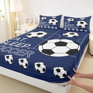 Imagem de Manfei Jogo de lençol casal de futebol americano, Eat Sleep Soccer azul marinho, 3 peças, tema de jogos esportivos, com 2 fronhas, decoração de quarto infantil de meninos e meninas, roupa de cama