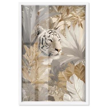 Imagem de Umber Tiger II Shadowbox Print Boho Gold Wall Art por Art Remedy, moldura branca, 43 x 63 cm