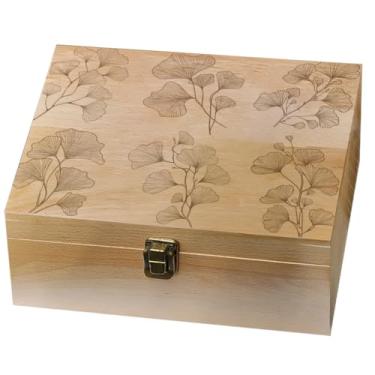 Imagem de arricraft 1 caixa de memória de madeira, caixa de memória de folha de gingko com tampas articuladas, baú de lembrança de tema de ginkgo para lembranças de casamento, aniversário, armazenamento de