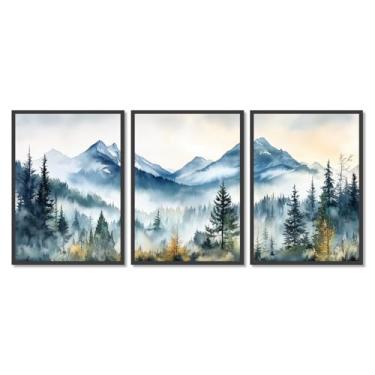 Imagem de 3 peças de arte de parede floresta nebulosa impressão aquarela montanha decoração de parede paisagem natureza árvore abstrata pintura moderna para sala de estar (SKU1-3PCS, 20.3x30.5 cm = (20 x 30 cm