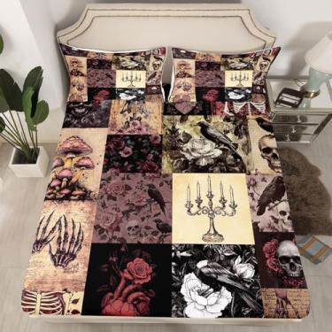 Imagem de Jogo de cama casal com esqueleto boêmio, cogumelo corvo gótico, 3 peças, rosa escura, para decoração de quarto de crianças, meninas, mulheres e adultos, lençol com elástico alto, estilo hippie vintage