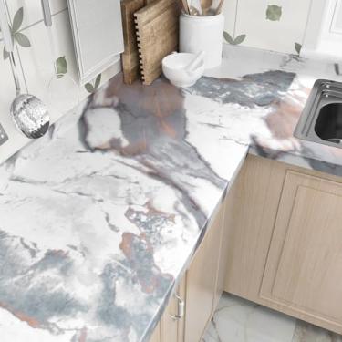 Imagem de Wallercity Papel de contato de mármore fosco branco/cinza para bancadas de cozinha, papel de parede de mármore à prova d'água, descasque e cole papel de contato de granito falso brilhante para mesa de