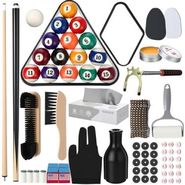 Imagem de Vinsot 100 peças de acessórios de mesa de sinuca, 16 bolas de bilhar, 2 conjuntos de tacos de sinuca, rack de bola de diamante triangular, giz, conjunto de cabeças de tacos e pincéis de bola e outros