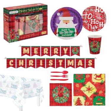 Imagem de Tudo em um conjunto de artigos de festa com tema natalino 122 peças para 12 com convidados toalha de mesa descartável pratos de papel guardanapos copos carta-banner talheres seguros para alimentos