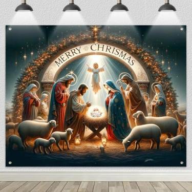 Imagem de HOMETITUTE Pano de fundo de presépio 2,4 x 1,8 m Faixa Sagrada Família Jesus Nascimento Cena de Nascimento com Anjos e Pastores Belém Decorações Religiosas para Igreja, Natal, Interior e Exterior