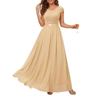 Imagem de DRESSTELLS Vestido longo formal feminino 2024 casamento convidada dama de honra vestido outono festa noite vestido de praia decote em V, Champanhe, M