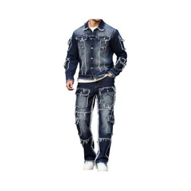 Imagem de Terno jeans masculino primavera e outono, design com vários bolsos, es