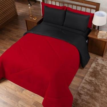 Imagem de Edredom Casal Dupla Face Cobre Leito Queen + Lençol Queen Com Elastico 6 Peças Tecido Toque Macio(Preto/Vermelho,Edredom + 02 Fronhas)