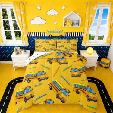 Imagem de Erosebridal Conjunto de cama solteiro com estampa de ônibus escolar, caminhonete escolar, para decoração de quarto de crianças, meninos, meninas, adolescentes, tema de carro, edredom amarelo lápis com
