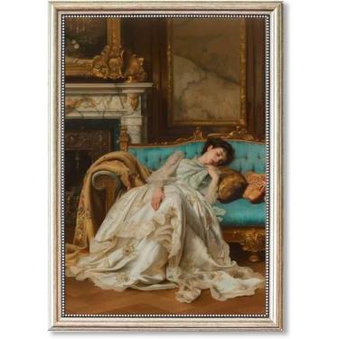 Imagem de Mostemauo 1920s Sleeping Lady Portrait Girly Coquette Vintage Wall Art Victorian Wall Art Sleeping Girl Decoração de sala de estar 40 x 61 cm sem moldura