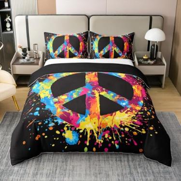 Imagem de Erosebridal Capa de edredom Queen com símbolo da paz, 100% algodão, ombré, aquarela, estampa colorida, microfibra para crianças, meninas, meninos, capa de edredom tie dye arco-íris