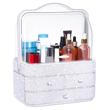 Imagem de Honeydak Organizador de maquiagem grande brilhante para mulheres, caixa de armazenamento de cosméticos de strass com alça, organizador de penteadeira à prova de poeira para bancada, mesa e viagem