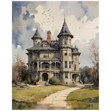 Imagem de Kit de pintura arquitetônica por números para adultos - mansão vitoriana DIY sob o céu nublado pintura em tela 40,6 x 50,8 cm, conjunto de tinta acrílica, adequado para iniciantes, arte doméstica para