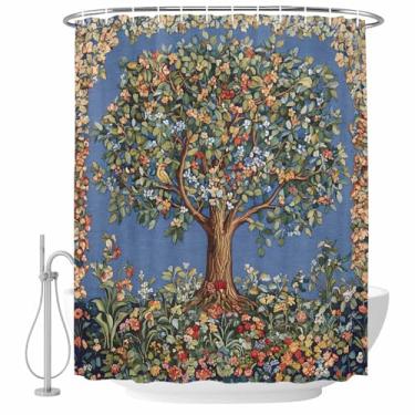 Imagem de Cortina de chuveiro com árvores florais, pássaros, natureza, flores, conjunto de cortinas de banho de tecido impermeável para banheiro decoração de banheira, acessórios de casa 182 x 182 cm
