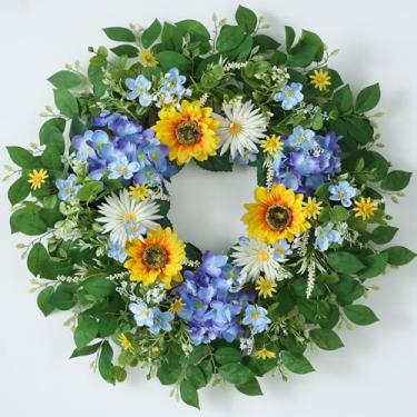 Imagem de Guirlanda de flores artificiais grande de 66 cm para porta da frente do lado de fora – guirlanda de primavera e verão com girassóis realistas, flores de hortênsia azul falsas para cornija interna e