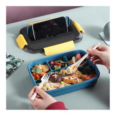 Imagem de Caixa de almoço com 4 compartimentos com colher para trabalho, piquenique, acampamento, uso de tampa serve como suporte de telefone e coloque no forno de micro-ondas (azul)