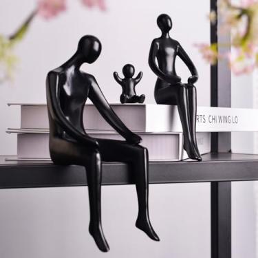 Imagem de Quoowiit Decoração de estante preta, escultura de família, ornamento de arte abstrata, decoração de mesa de centro, estética moderna, estatueta de família, decoração para casa, escritório, prateleira