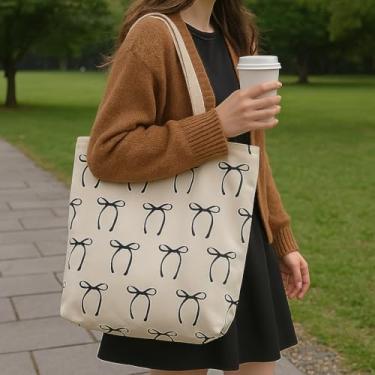 Imagem de Bolsa de lona com detalhe de laço, bolsa de ombro espaçosa com alça ajustável, bolsa feminina casual, Preto