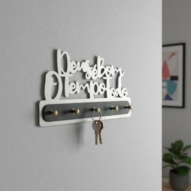 Imagem de Porta Chaves Religioso em MDF com a Frase Deus é Bom o Tempo Todo 25cm (Prata)