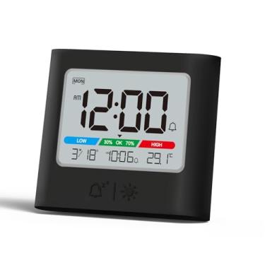 Imagem de ALANAS Despertador de viagem compacto com temperatura/umidade - Relógio digital pequeno operado por bateria, soneca, luz de fundo, montável na parede, para dormitório de estudantes, espaços pequenos