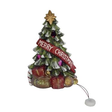 Imagem de Transpac Mini árvore de Natal de LED com faixa de Feliz Natal, estatueta de resina de 17 cm, topo de estrela dourada, luz integrada, decoração interna com base para presente