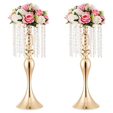 Imagem de Vasos de ouro para peças centrais, suporte de arranjos de flores de cristal de 51 cm, peças centrais de casamento para mesas, porta-vaso de flores de metal alto para casamento, evento, recepção, aniversário, decoração de casa, 2 peças