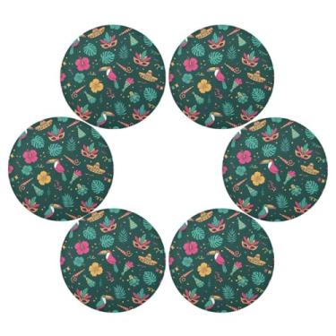 Imagem de Wassud Jogo americano conjunto de 6 tapetes redondos de folhas de carnaval pássaros para cozinha e jantar tapetes laváveis resistentes ao calor para decoração de mesa 39 cm