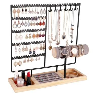 Imagem de Ciormis Organizador de joias de 5 níveis, organizador de 72 furos para brinco, suporte de árvore, 12 ganchos, suporte de exibição de colar com bandeja de armazenamento de anéis, suporte de pulseira