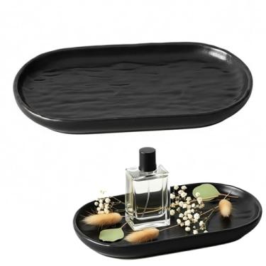 Imagem de Bandeja de joias de cerâmica de 18 cm para decoração de mesa, bandeja decorativa estética para chaves de perfume, bandejas pequenas de balcão de banheiro, bandejas de sabão para pia de cozinha (preto)