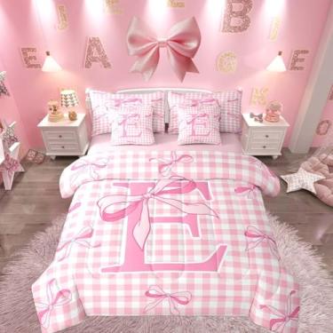 Imagem de Feelyou Jogo de cama solteiro com laço xadrez rosa, 7 peças, lençol com estampa de laço fofo, para meninos e meninas, em uma bolsa com edredom, lençóis, fronhas, capas de almofada, decoração de quarto