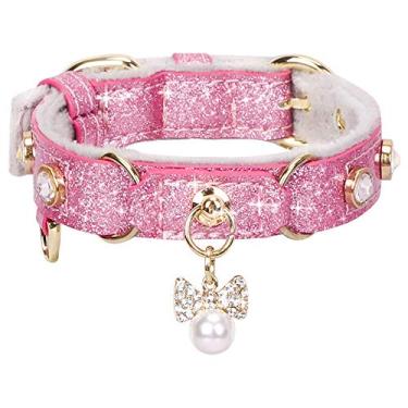 Imagem de PetsHome Coleira de gato, coleira de cachorro, [strass brilhante] coleira ajustável de couro PU com pingente de luxo para gatos grandes e cães pequenos a médios rosa pequeno