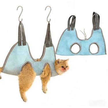Imagem de Bolsa de retenção de rede para cuidados com animais de estimação com alças ajustáveis, tecido Oxford de malha azul, para gatos e cães, aparar unhas, limpeza de banho, design antiarranhões com ganchos