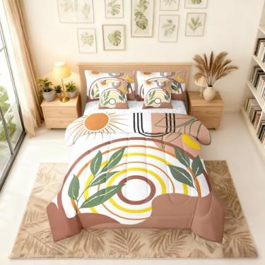 Imagem de Erosebridal Conjunto de edredom boêmio de meados do século com 7 peças, minimalista, geométrico, marrom, abstrato, tropical, folhas de palmeira, para crianças, adultos, boêmio, moderno, conjunto de