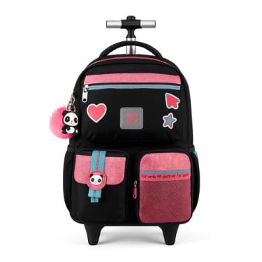 Imagem de Mochila De Rodinhas Escolar Feminina Utility Panda Juvenil Com Chaveiro Rodas em Gel Alça Ajustável Compartimentos Múltiplos (Preto)