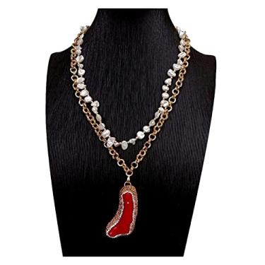 Imagem de DWBPGVUN Colar gargantilha de corrente de pérola Keshi branca de água doce com pingente de cristal de ramo de coral vermelho 26 x 60 mm