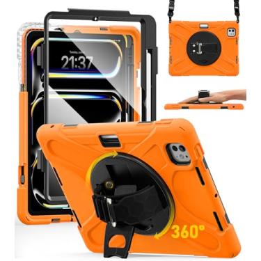 Imagem de BRAECN Capa para iPad Pro de 11 polegadas, M5 2025 e M4 2024, 4 camadas, protetor de tela resistente, suporte de lápis, alça giratória de 360°, alça de ombro adequada para crianças