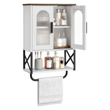 Imagem de CHOEZON Armário de parede de banheiro, armário de remédios com prateleira ajustável e barra de toalha, suporte de parede para armário de armazenamento com 2 portas de vidro, para banheiro, cozinha