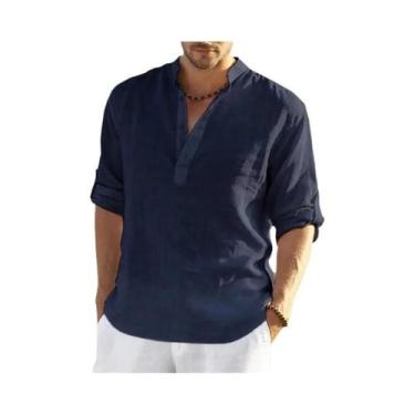Imagem de Camisa Masculina Casual De Algodão E Linho De Manga Longa Com Gola Alt