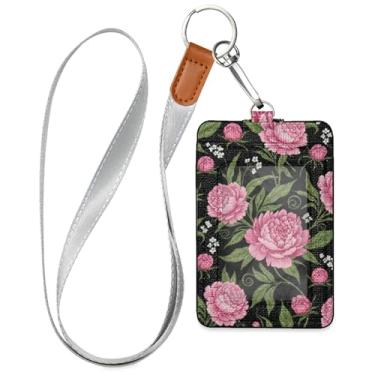 Imagem de Burbuja Porta-crachá de couro com cordão, etiqueta de identificação floral com 1 janela transparente para identidade e 2 compartimentos para cartão para escritório, enfermeira, professor, médico