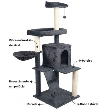 Imagem de Arranhador de gato luxuoso, multifuncional com casa, camas, cesto, poleiros e brinquedo