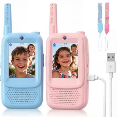 Imagem de Walkie Talkies de vídeo para crianças, pacote com 2 Walkies Talkies de vídeo recarregáveis, com câmera HD e voz, jogos internos e externos, acampamento, caminhada para meninos e meninas de 3 a 12 anos