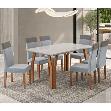 Imagem de Conjunto Sala de Jantar Mesa 154cm Tampo e Vidro Atlas e 6 Cadeiras Paris Madetal - Mel/Nude/Cinza