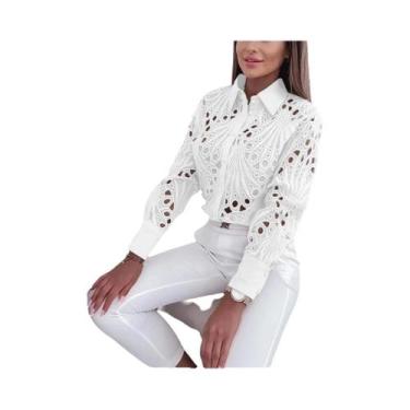 Imagem de Blusa Feminina Casual De Manga Comprida Com Botões, Gola E Frente Aber