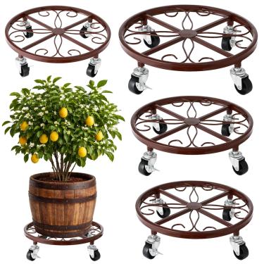 Imagem de Organizador de plantas com rodas, pacote com 4 suportes para plantas rolantes resistentes, carrinho de metal com borda elevada para vasos de flores grandes, plantadores internos e externos, 11 / 12