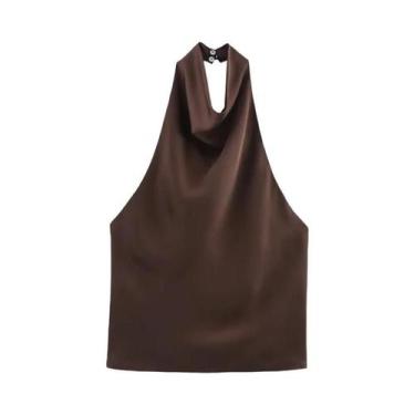 Imagem de Top Halter De Cetim Feminino Preto E Amarelo Sem Mangas Para O Verão -