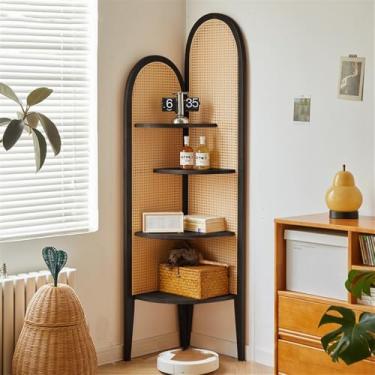 Imagem de Prateleira de canto de madeira alta independente, rack de armazenamento de vime, estante decorativa para quarto, elegante organizador de canto preto